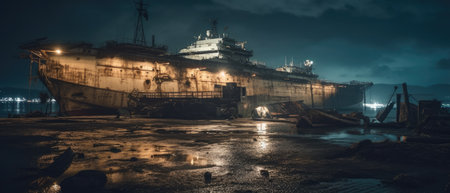 Old ship in the port at night, panoramic view. Realistic Post Apocalypse Landscape illustrationの素材