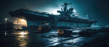 Night view of the ship at the port of Odessa, Ukraine, Realistic Post Apocalypse Landscape illustrationの素材
