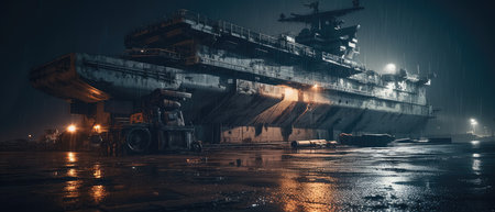 Night view of the ship in the port of Odessa, Ukraine Realistic Post Apocalypse Landscape illustrationの素材