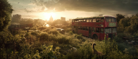 Old red double decker bus on a background of the setting sun, Realistic Post Apocalypse Landscape in a ruined city illustrationの素材