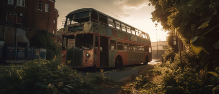 Old double decker bus at sunset in the city of London. Realistic Post Apocalypse Landscape in a ruined city illustrationの素材