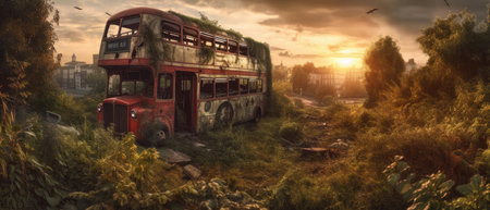 Abandoned bus in the middle of the village at sunset. Realistic Post Apocalypse Landscape in a ruined city illustrationの素材