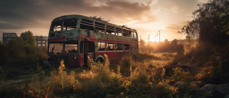 Abandoned bus in the countryside at sunset. 3d rendering Realistic Post Apocalypse Landscape in a ruined city illustrationの素材