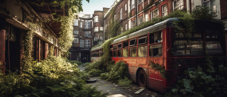 View of a red double decker bus in London. Realistic Post Apocalypse Landscape in a ruined city illustrationの素材