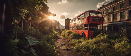 Double decker bus in London. Realistic Post Apocalypse Landscape in a ruined city illustrationの素材