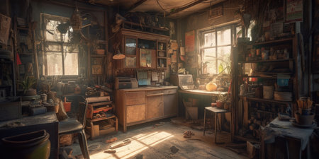 Abandoned workshop with old furniture and tools. retro style. Realistic Post Apocalypse Landscapeの素材