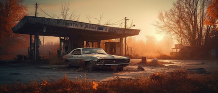 Abandoned car on the road at sunset. retro style. Realistic Post Apocalypse Landscapeの素材