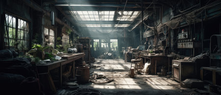 Abandoned industrial interior of an old factory. 3d render Realistic Post Apocalypse Landscapeの素材