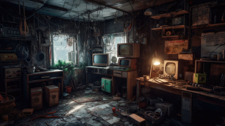 Abandoned industrial interior with a lot of old items. 3d rendering Realistic Post Apocalypse Landscapeの素材