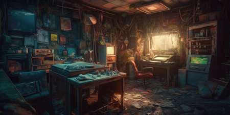 3d rendering of an old room in the dark with a dollhouse, Realistic Post Apocalypse Landscapeの素材