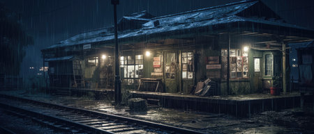 Abandoned railway station at night. selective focus. Toned. Realistic Post Apocalypse Landscapeの素材