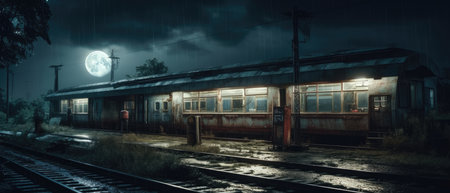 Old railway station at night with full moon in the sky and train, Realistic Post Apocalypse Landscapeの素材