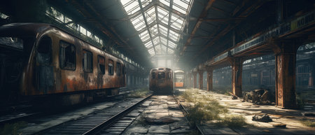 Abandoned train station in a foggy morning. 3d rendering Realistic Post Apocalypse Landscapeの素材