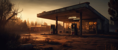 Abandoned gas station in a foggy morning, 3d render Realistic Post Apocalypse Landscapeの素材