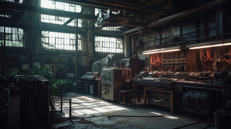 Interior of an old factory. industrial background. 3d rendering Realistic Post Apocalypse Landscapeの素材