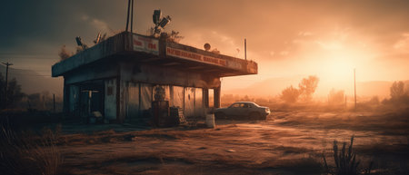Abandoned gas station in a foggy morning. 3d rendering Realistic Post Apocalypse Landscapeの素材