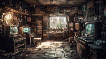 Vintage interior of an old abandoned house with TV and other things, Realistic Post Apocalypse Landscapeの素材