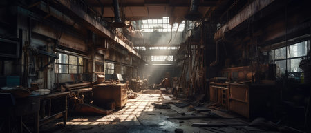 Abandoned factory building interior. 3d rendering, 3d illustration. Realistic Post Apocalypse Landscapeの素材
