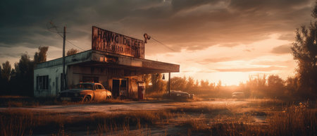 Abandoned gas station at sunset. The concept of global warming, Realistic Post Apocalypse Landscapeの素材