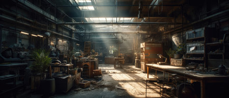 Abandoned industrial interior of an old factory. 3d rendering, Realistic Post Apocalypse Landscapeの素材