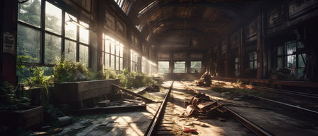 Abandoned railway station in a foggy morning. 3d rendering, Realistic Post Apocalypse Landscapeの素材