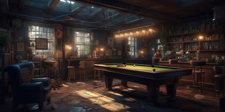 Classic billiard club interior with pool table, chairs, armchairs and tables. 3D Rendering Realistic Post Apocalypse Landscapeの素材