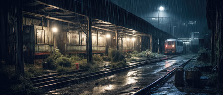 Train in the rain at night. Railway station in the rain. Realistic Post Apocalypse Landscapeの素材