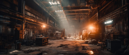 Interior of an old industrial factory at night with lights and smoke, Realistic Post Apocalypse Landscapeの素材