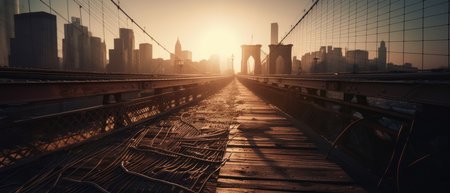Brooklyn Bridge and Manhattan skyline at sunrise, New York City, USA. Realistic Post Apocalypse Landscapeの素材