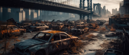 Abandoned cars in the middle of the road with the Brooklyn Bridge in the background, Realistic Post Apocalypse Landscapeの素材