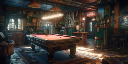 Classic billiard room interior with billiard table. 3d rendering, Realistic Post Apocalypse Landscapeの素材