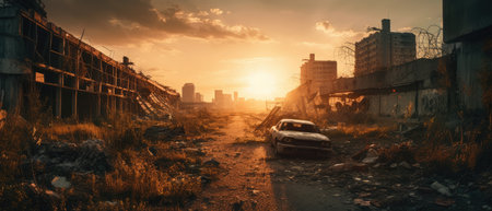 wide angle view of an old abandoned factory building during a colorful sunset, Realistic Post Apocalypse Landscapeの素材