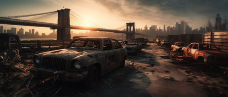 Abandoned cars in the city and Brooklyn Bridge at sunset. Realistic Post Apocalypse Landscapeの素材
