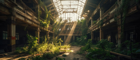 Abandoned industrial building with sunlight in the garden,3d render, Realistic Post Apocalypse Landscapeの素材