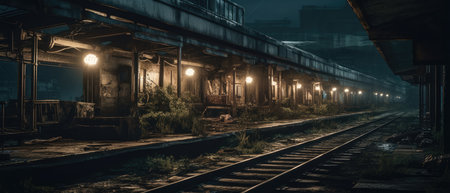 Abandoned train station at night. Dark toned image. Realistic Post Apocalypse Landscapeの素材