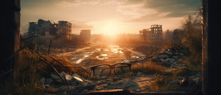 Old broken glasses on the background of a destroyed building at sunset. Realistic Post Apocalypse Landscapeの素材