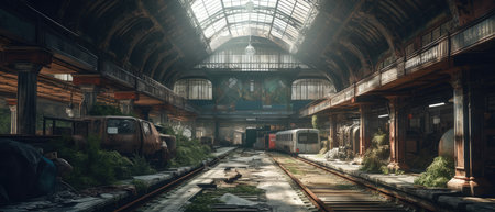 Old train station at night. 3d rendering, 3d illustration. Realistic Post Apocalypse Landscapeの素材