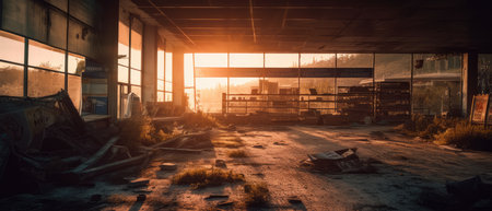 Abandoned industrial interior at sunset. 3D rendering. Realistic Post Apocalypse Landscapeの素材