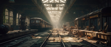 Old train station in the light of the setting sun. 3d rendering, Realistic Post Apocalypse Landscapeの素材