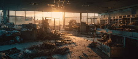 Abandoned industrial building in the evening, panoramic view Realistic Post Apocalypse Landscapeの素材