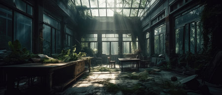 Abandoned house in the middle of the jungle. 3d rendering Realistic Post Apocalypse Landscapeの素材