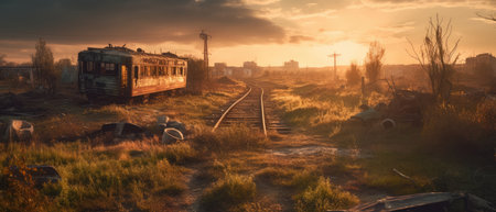 Abandoned train on the railroad at sunset, panoramic view, Realistic Post Apocalypse Landscapeの素材