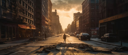 Man walking down a street in Manhattan, New York City, USA. Realistic Post Apocalypse Landscapeの素材