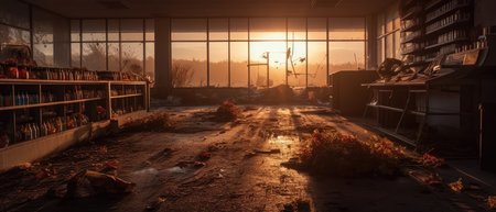 Abandoned factory interior with windows and lights. 3d rendering Realistic Post Apocalypse Landscapeの素材