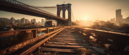 Brooklyn Bridge at sunset, New York City, United States. Realistic Post Apocalypse Landscapeの素材