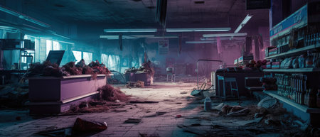 Abandoned factory interior. Dark room with broken glass and garbage, Realistic Post Apocalypse Landscapeの素材
