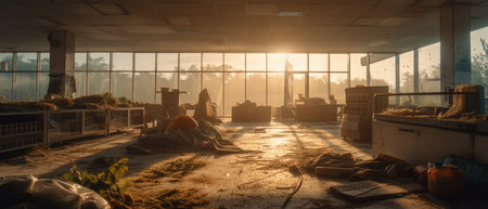 Old factory in the morning light, vintage color tone and soft focus Realistic Post Apocalypse Landscapeの素材