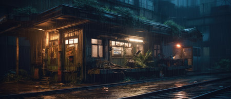Abandoned train station at night in Tokyo, Japan. Old train station at night. Realistic Post Apocalypse Landscapeの素材