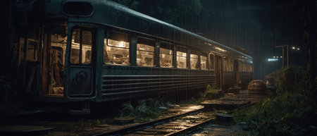 Old train in the dark at night. railway station at night. Realistic Post Apocalypse Landscape illustrationの素材