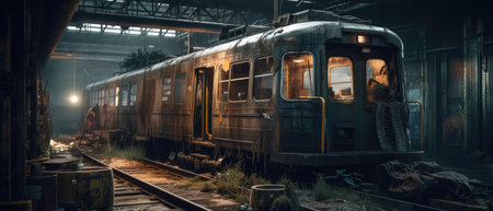 3d render of a train in an old train station at night, Realistic Post Apocalypse Landscape illustrationの素材